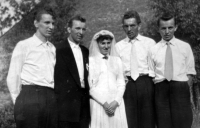 Adéla Lasáková's wedding photo with husband and his brothers, 1956
