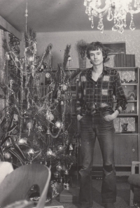 Miroslav Drábek by the Christmas tree, Ostrov nad Ohří, Christmas 1981