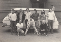 Back row from the left: A. Březina, Jiří Mergl, Miroslav Drábek, Michal Černý, Ondřej Zvonař, Jaroslav Hynek
Front row from left: Mudr. Jiří Dufek, František Volf, Petr Randula (called Karkula), Ostrov, 1985
