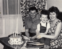 Miroslav Drábek with his parents, birthday celebration, Ostrov nad Ohří 1969