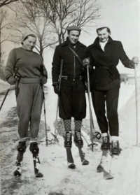 Skiing with husband and friend, 1956