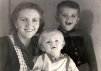 Karel Prokop (the elder boy) with his mother and brother, 1945