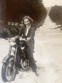 1949, Olga Porkertová on a motorbike, Rychnov nad Kněžnou - Lusinovo údolí