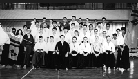 Josef Mádl (bottom centre in black) and his first group of pupils, 1990s