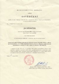 Jiří Dědeček's certificate of participation in the Third Resistance