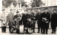 Robert Fiala's band in the second half of the 1950s. (From left) Pavel Ondrášek, the butcher, Mr Rybka, father František Fiala, Ernst Hermann, Hubert Kocián, Richard Rybka, Moldke Trulej, cousin Robert Fiala, (bottom row) Mr Chřibek on trumpet, cousin Albert Fiala on drum
