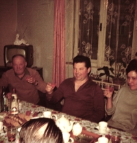At home at a party. From left: father František Fiala, Emil Fiala and his wife Renáta Fialová in 1969
