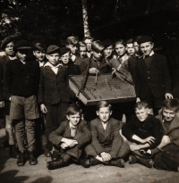Emil Fiala (fourth from the left) with other children from the burgher school in Velké Hoštice on a trip in the Beskydy Mountains at Radhošt' in 1947