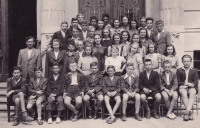 Gymnasium in Boskovice, the witness on the top right next to the boys, Věra Hanáková (survivor) the smallest on the top right, 1947