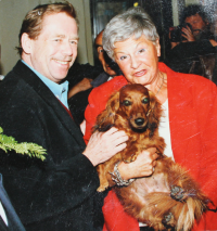 Václav Havel, Kamila Moučková and female dachshund, 1990s