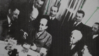 Vlasta Burian (first from left), Bedřich Macenauer (second from left) and Jan Masaryk (third from left) at the Rotary Club in Pilsen