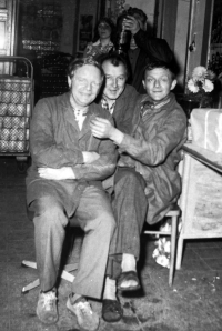Josef Hackenberg (left) at a workplace party in the glassworks, 1970s