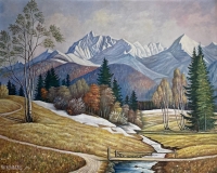 Landscape in Austria, a painting by Josef Hackenberg's father; in remembrance of the father, a master glassmaker and self-taught painter