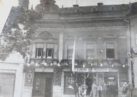 Decorated house in the square with father's shop during T.G.M.'s visit in Boskovice, 1929