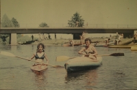 Jana Pecková (left) going down the river; 1968