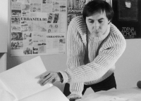 Son Alexandr Skalický in the architectural studio in 1992