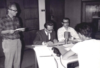 Czechoslovak Radio announcers - left to right: Vladimír Khodl, Dobroslav Zeman, Karel Sedláček and Mirka Kroftová, 1968