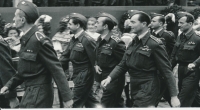 RAF pilots march through Prague, August 1945. From left: Václav Bergman, František Fajtl, Josef Jaške, Josef Šejbl, Václav Hájek, Emil Bušina. Photograph taken by Ladislav Sitenský