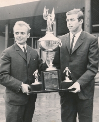 Jan Brumovsky (left) receiving the International Soccer League trophy, 1963