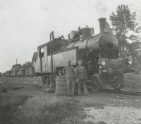 Father Lev Vilč (right) in Zohor, Slovakia, with a railway colleague at a steam locomotive, 1935