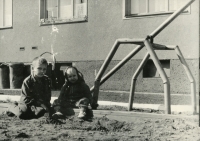 Krnov and living in Vodní Street in a cooperative apartment of Strojosvit. Pictured are son Jiří Urbanec and daughter Cecílie Urbancová, mid-1960s
