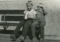 Son Jiří Urbanec (holding a cup) on Vodní Street in Krnov, 1960s
