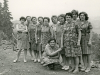 Employees of the Elektroporcelán company in 1973, competing for the title of Brigade of Social Work, Jana Machová standing second from the left