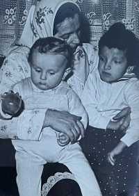 Grandmother Anežka Zemková with grandchildren Jaroslav and Evička