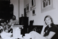 Jiří Zahajský and Kateřina Willigová Frodlová, farewell party before their departure to Great Britain, flat on Janáček Embankment, Prague 1984