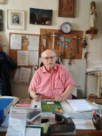 Ladislav Otruba in his office in his stone workshop, 2025