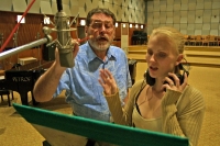 Vincenc Kummer recording with his daughter Lada Kummerová, musical star, Prague, 2002