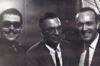 Vincenc Kummer (left) with Willis Conover, Voice of America announcer, and musician Milan Řežábek, Prague Jazz Music Festival, 1969