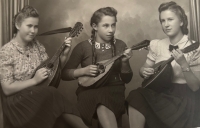 Musicians' club at Studánka, girls played mandolins. Witness on the right, circa 1938