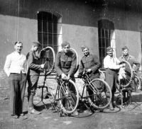 Photograph of his father had as a memento of his military service in the Czechoslovak Army, it is of members of one of the bicycle battalions, mid 1930s
