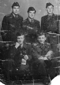 Anna Macečková's husband Jaroslav during his military service with a bottle of rum, 1952