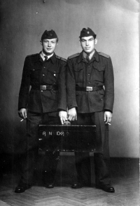 Anna Macečková's husband Jaroslav (left) during his military service, 1952