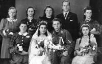Anna Macečková (far right, top row) at a friend's wedding during wartime