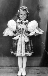 Anna Marková in Slovak costume of the folklore group in Vrbno pod Pradědem, c. 1947