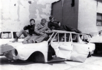 Erhard Pluške (with hat) at a Mototechna plant he was refurbishing as a bricklayer