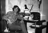 Jiří Tieftrunk with a Grundig radio, a VEF 204 radio (centre) and a Selena radio (left), Havířov, 1974