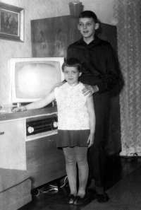 With sister Vlasta, also with Echo radio/record player and Kamelie TV set, Ostrava, 1963