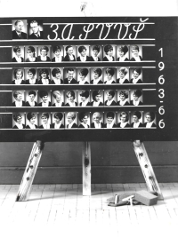 Jana (fifth in the front row); graduation photo board of the SVVŠ high school in Pelhřimov, 1966