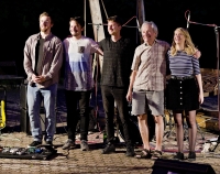 The end of the Dragon's Brew performance in front of the Drak Theatre, Jiří Vyšohlíd Sr. (second from right), Jiří Vyšohlíd Jr. (second from left), 2015, Hradec Králové