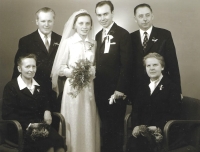 The fiancés with parents; Josefa Martínková and Karel Martínek by the bride's side, and Jiřina Krynská and Dimitrij Krynský by the groom's side, 1971