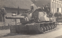 Tank opposite the post office in Třebechovice pod Orebem, 1945