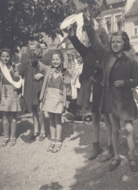Vlasta Novotná together with her sister Růžena welcoming the Red Army on the square in Třebechovice pod Orebem, 1945