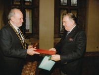 Uncle Oldřich Černý (right) at the awarding of the medal of Charles University in Prague, about 1995