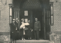 Jaromír Neumann (in his mother's arms) at his baptism in front of the Evangelical Church in Varnsdorf, 6 June 1950