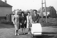 Eftichia Kiprovská with her daughter in a pram, husband, mother and aunt, 1960s