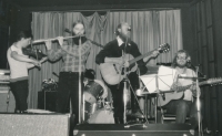 Karel Navrátil (far right) performing with Mezzanin in the former Orlík cinema, Prague, circa 1995